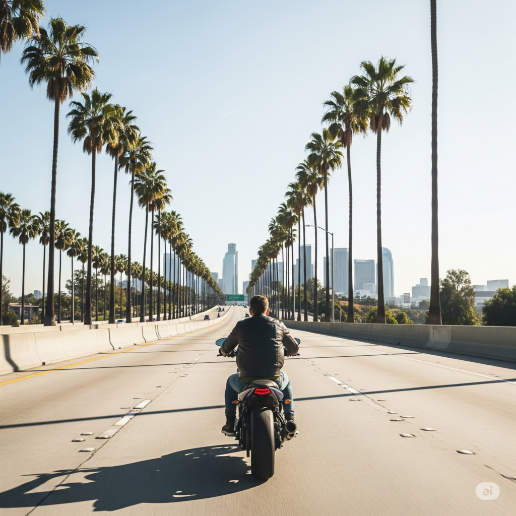 Motociclista conduciendo en Los Ángeles, la importancia de encontrar el mejor abogado de accidentes de moto si ocurre un siniestro en California.